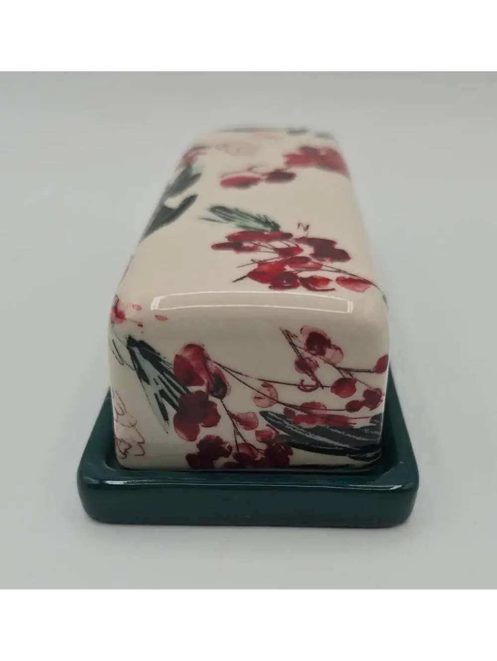 Anthropologie Holly Berry Stoneware Butter Dish Green Base Holiday Kitchen Decor